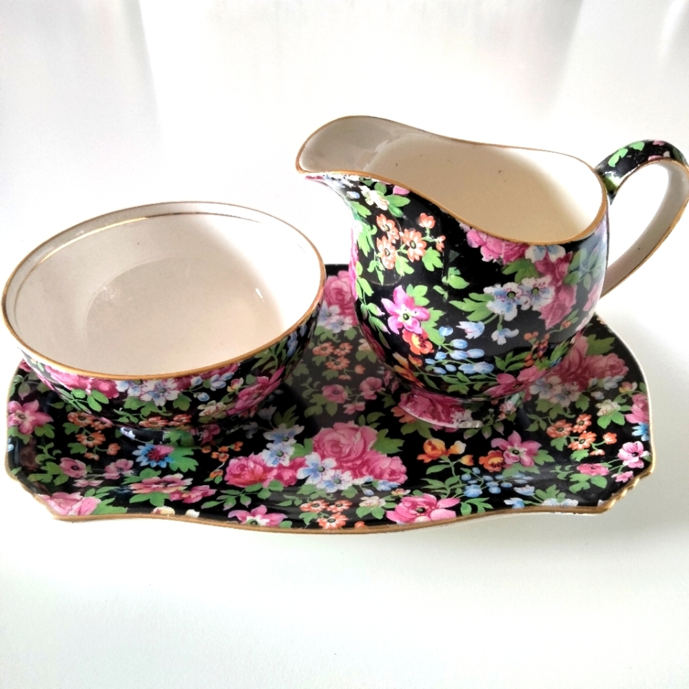 Royal Winton Chelsea Chintz Black Floral Sugar Bowl Creamer and Tray Vintage